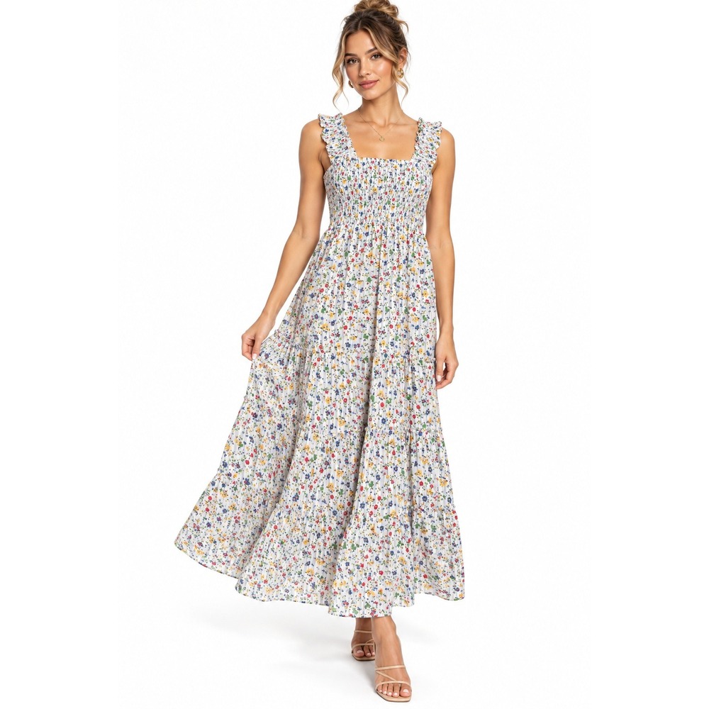 Lucy Paris Dylan Smocked Maxi Dress Blue Floral Tiered Ruffle Strap NWT Size LP